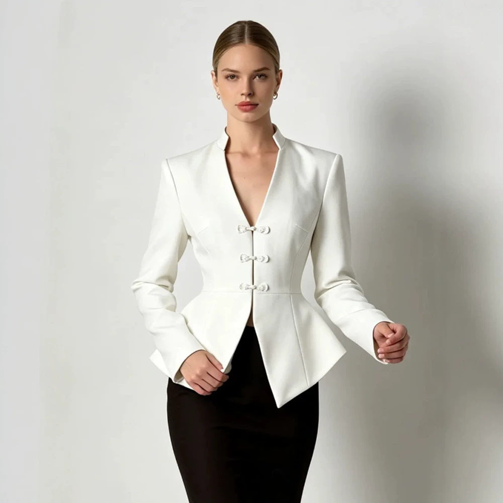 Women's Tailored Peplum Blazer with Mandarin Collar and Decorative Knot Fastenings Chichicherry