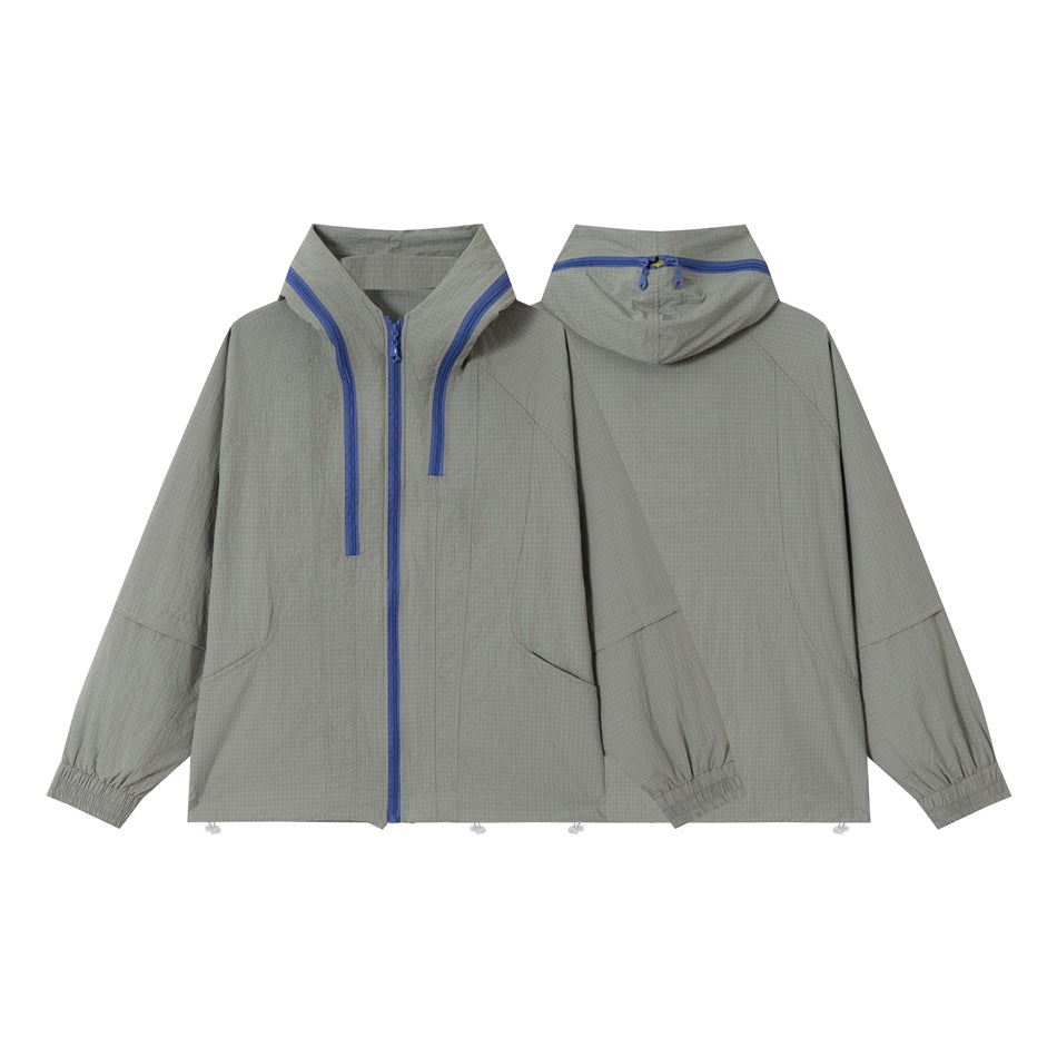 Unisex Lightweight Ripstop Hoodie Jacket in Boxy Fit with Contrasting Zipper and Drawstring Chichicherry