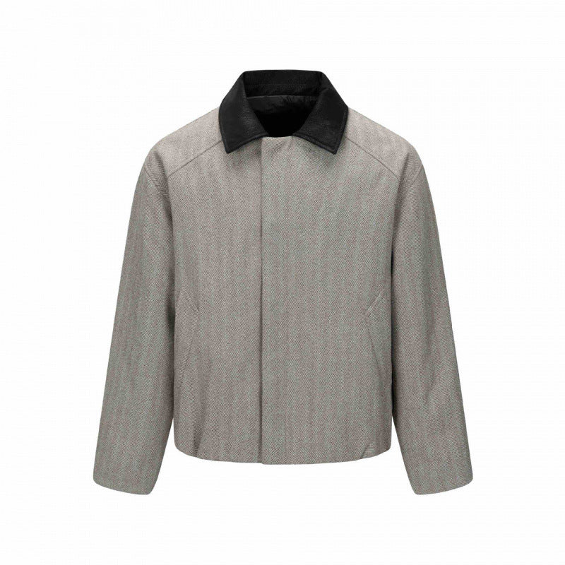 Men's short jacket in herringbone wool blend with leather collar and concealed closure Chichicherry
