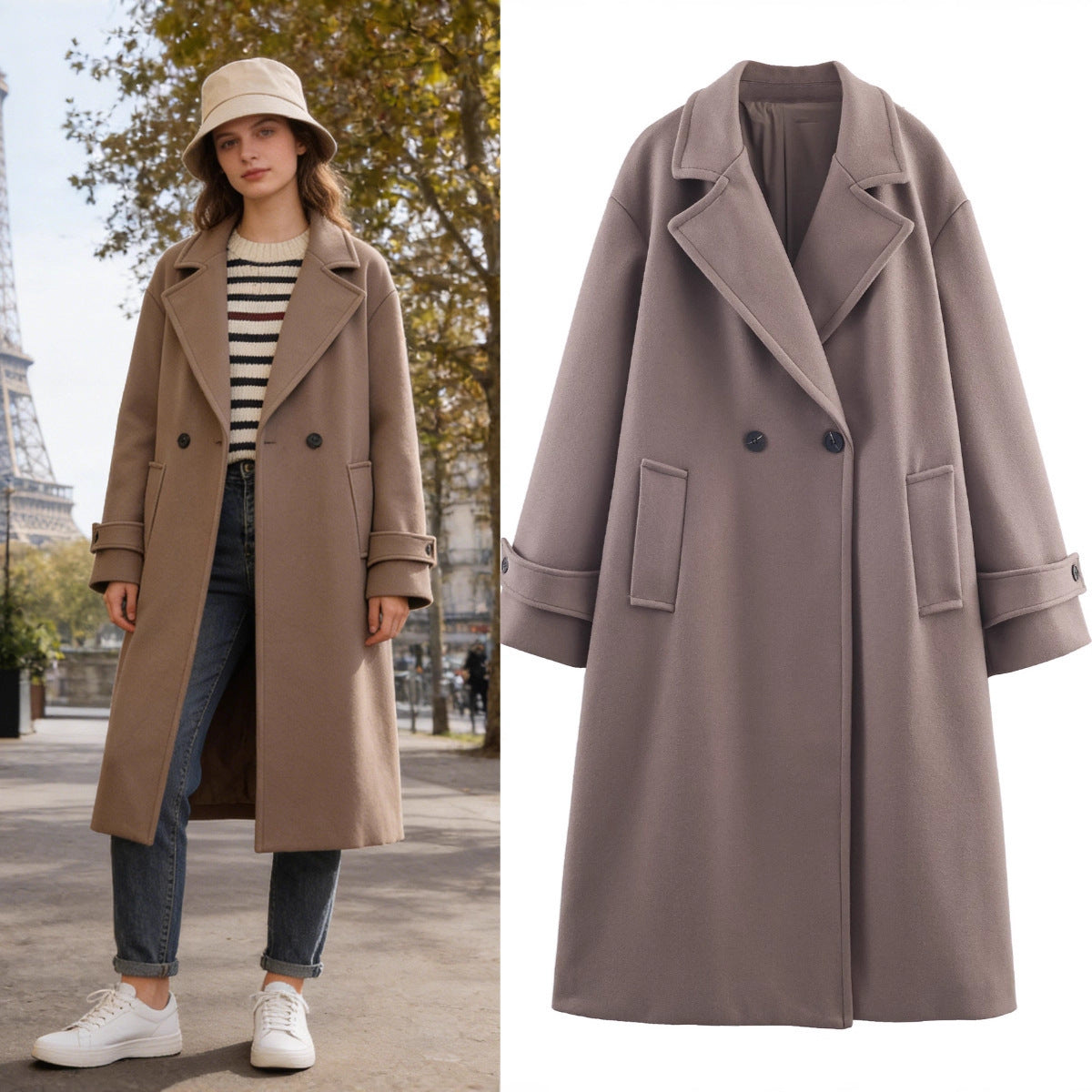 Women Oversized Wool Blend Coat with Double-Breasted Closure, Wide Lapels and Sleeve Tabs Chichicherry