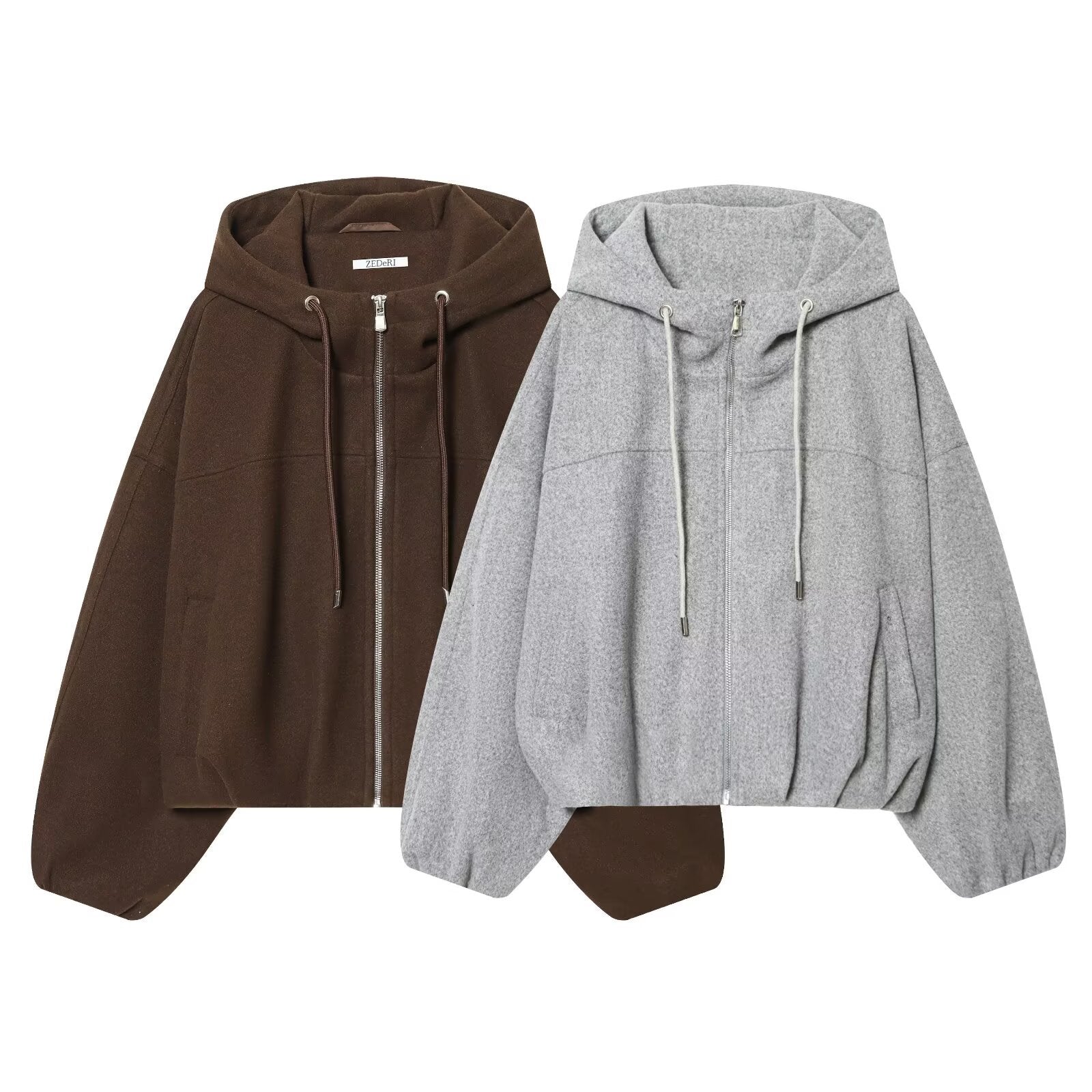 Women Oversize Wool Blend Hoodie with Zip and Drawstring Chichicherry