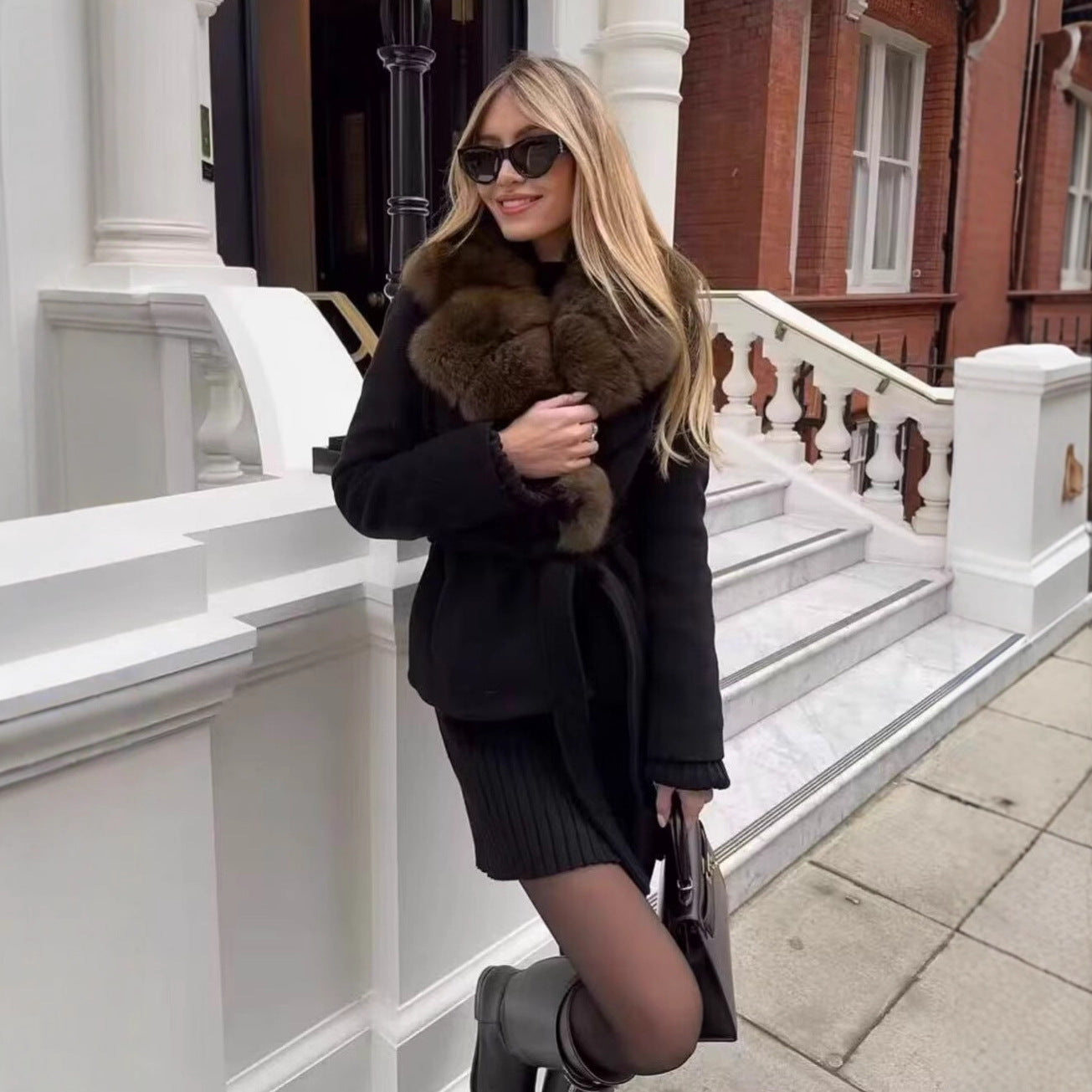 Women's Short Wool Blend Coat with Removable Faux Fur Shawl Collar and Waist Belt Chichicherry