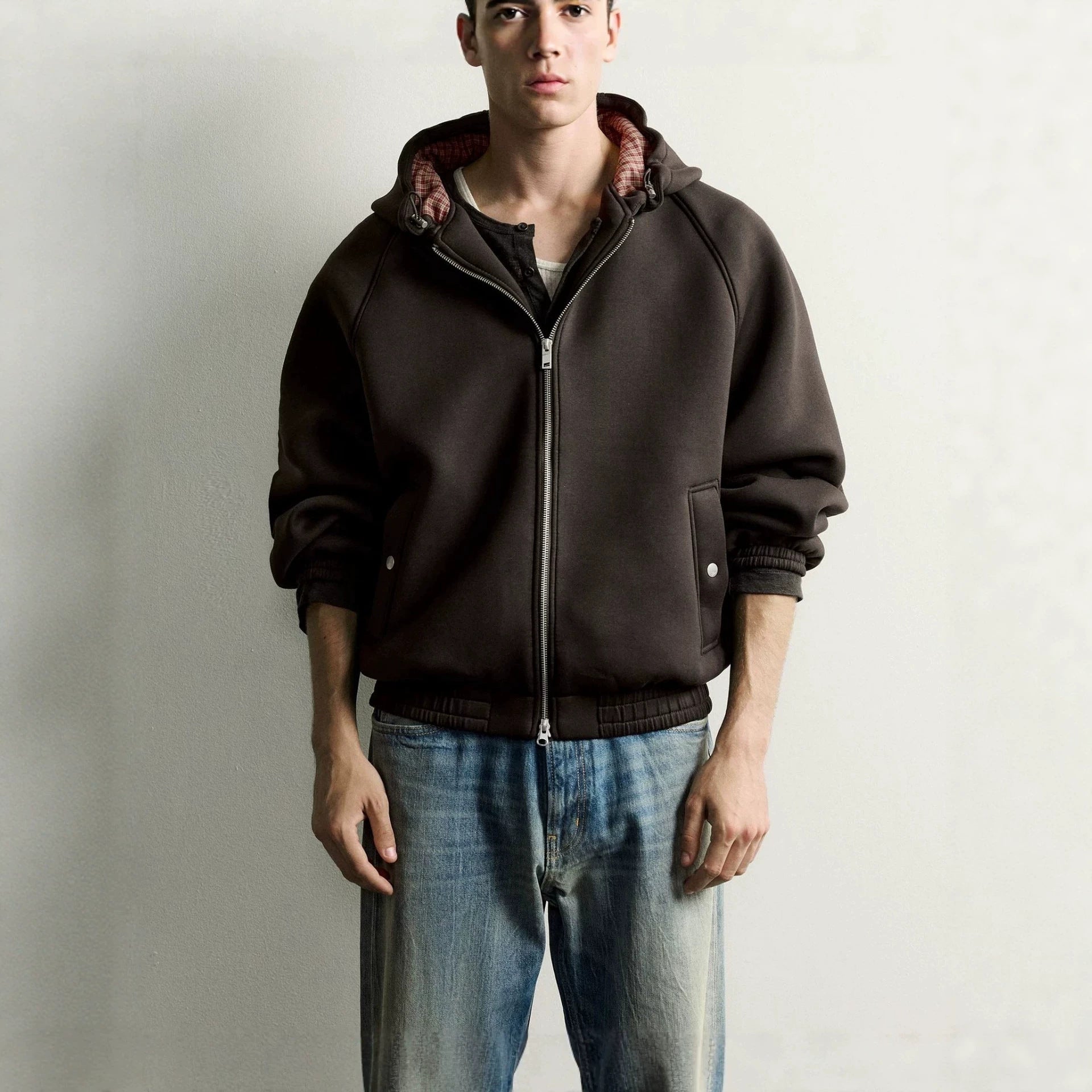 Men's Boxy Hoodie Jacket with Padded Texture and Checkered Lined Hood Chichicherry