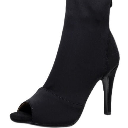 Women's Open Toe Ankle Boots with Stretch Shaft and Slim Stiletto Heel Chichicherry