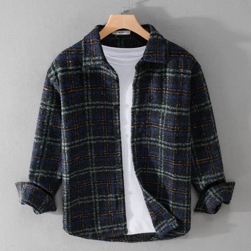 Men's Boucle Overshirt in Shirt Jacket Style with Kent Collar and Check Pattern Chichicherry