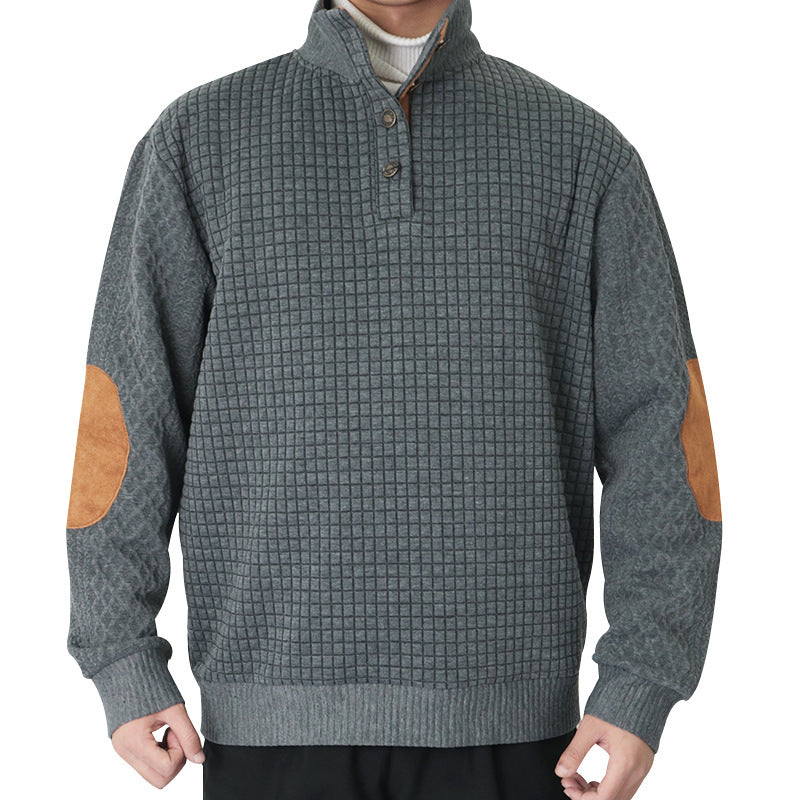 Men's waffle knit half-zip sweater with stand-up collar, leather accents, and elbow patches Chichicherry