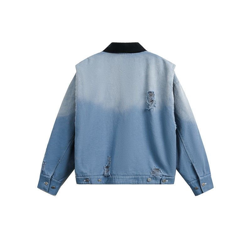 Men's Cropped Denim Blouson Jacket in Used Look with Cord Collar and Distressed Details Chichicherry