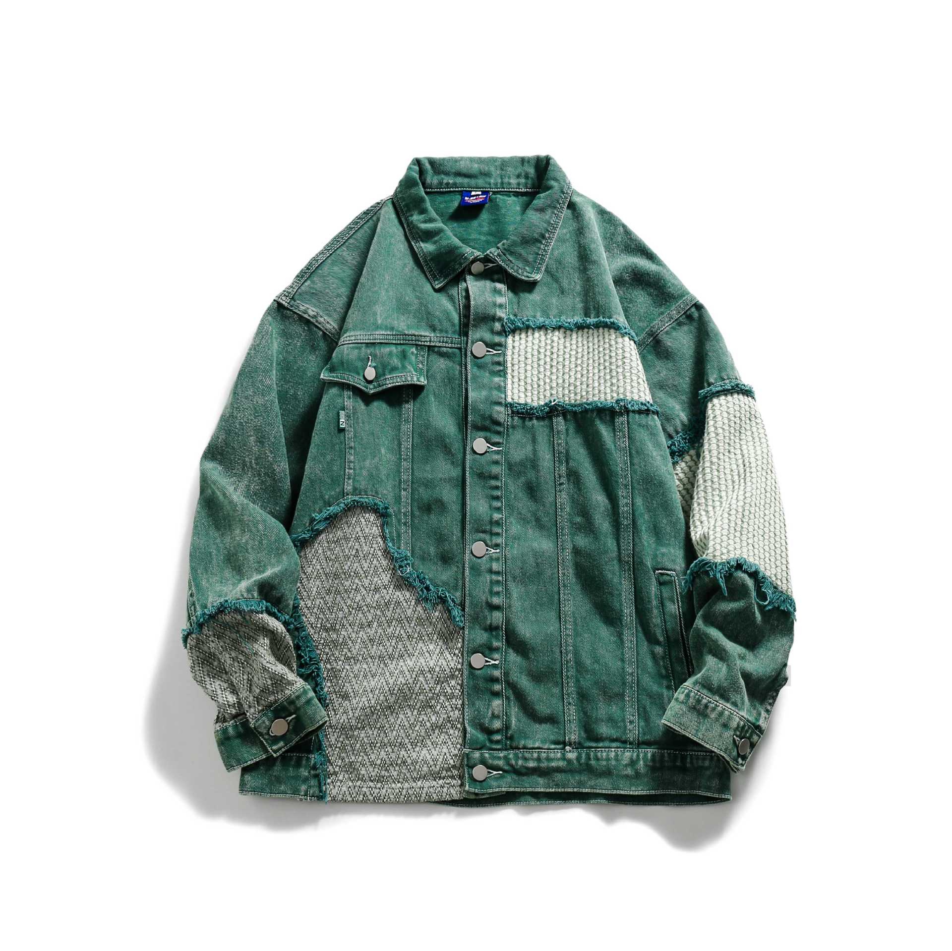 Unisex Patchwork Denim Jacket with Knitted Inserts and Frayed Edges Chichicherry