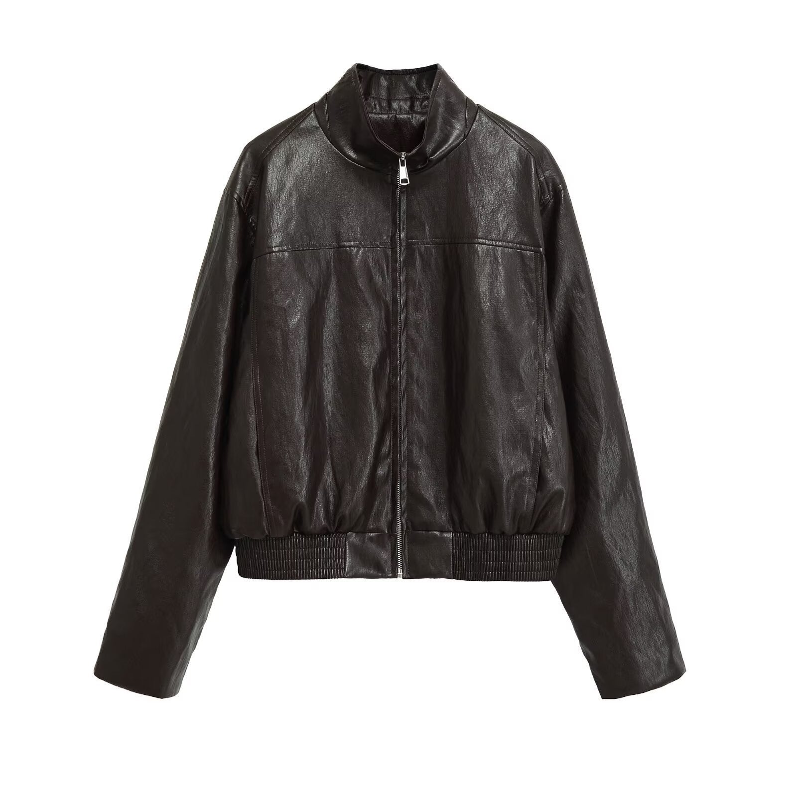 Women's short jacket in vintage leather look with stand-up collar, zipper and wide ribbed cuffs Chichicherry