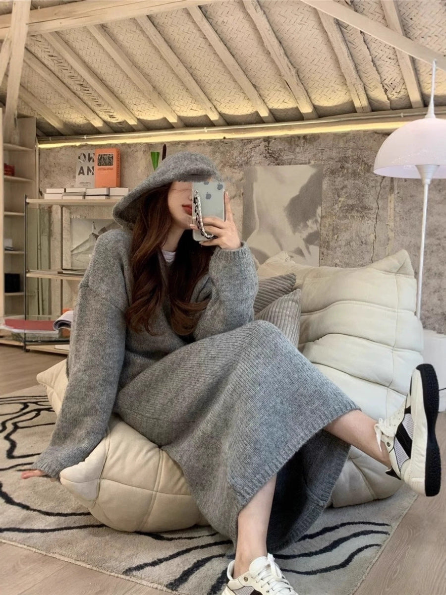 Women's Long Hooded Knit Dress made of Wool Blend with Relaxed Oversize Silhouette and Ribbed Hem Chichicherry