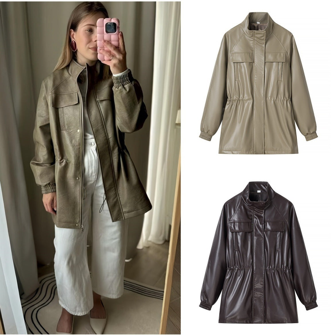 Women's water-repellent short parka made of faux leather with stand-up collar, drawstring waist and flap pockets Chichicherry