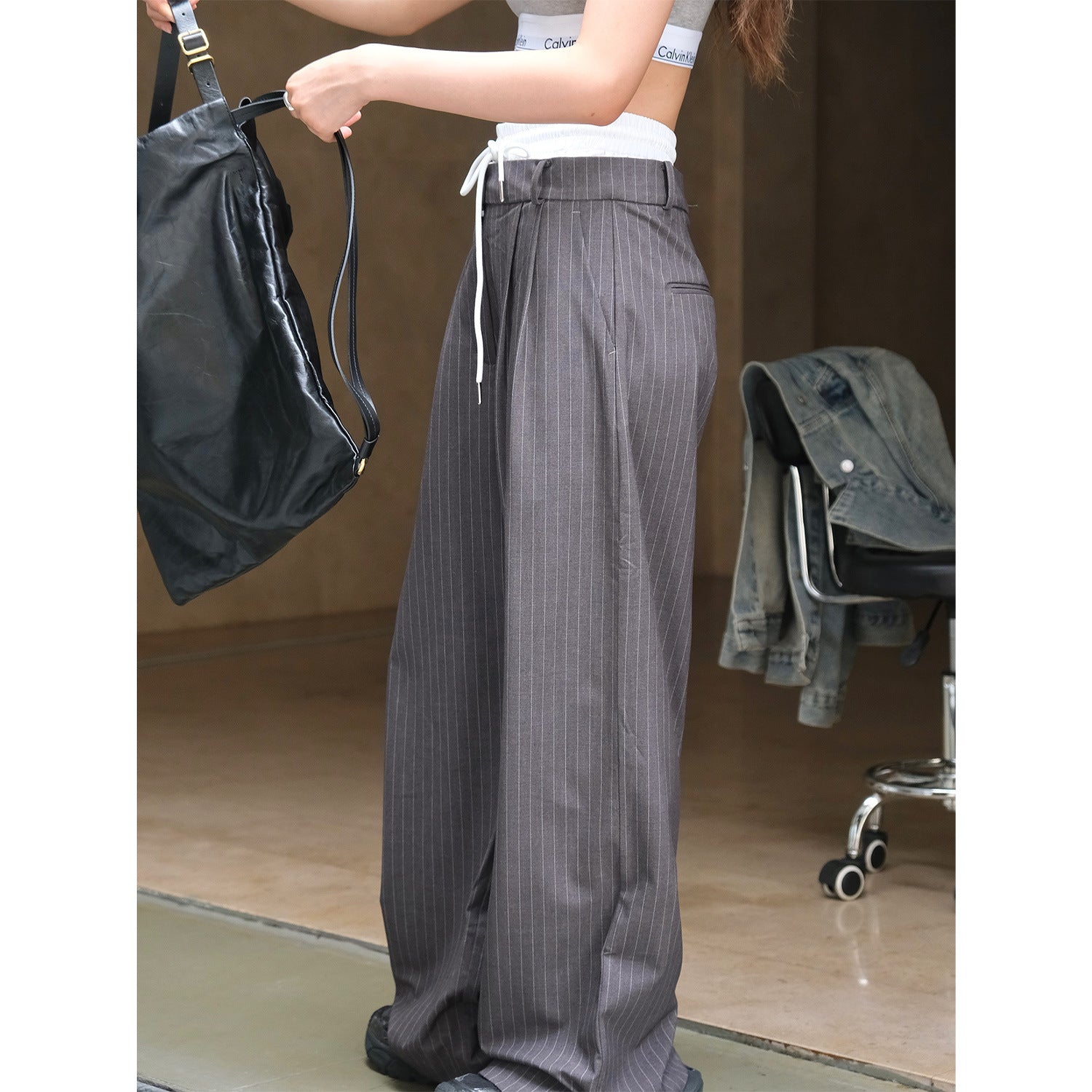 Women's Wide Pinstripe Palazzo Pants with Drawstring Waist and Relaxed Baggy Fit Chichicherry