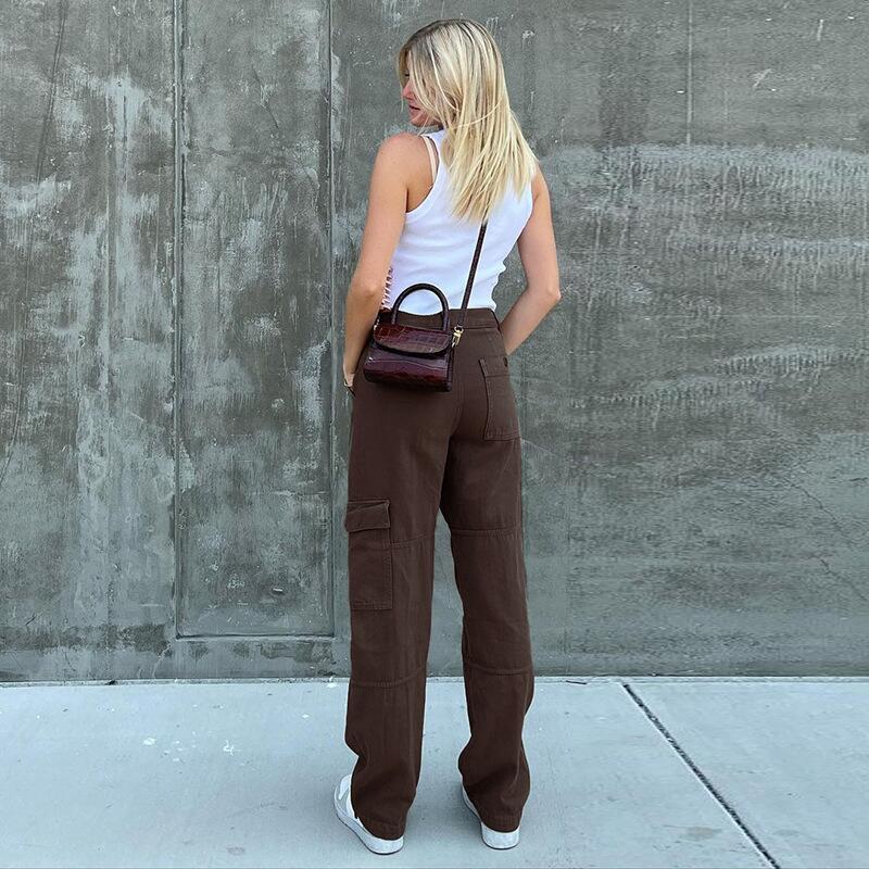 Ladies High-Waisted Relaxed Cargo Pants with Wide Leg and Knee Pleats Chichicherry