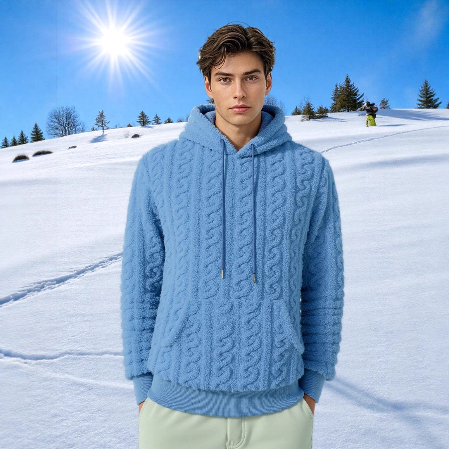 Men's fluffy sherpa hoodie with cable knit pattern, kangaroo pocket and ribbed cuffs Chichicherry