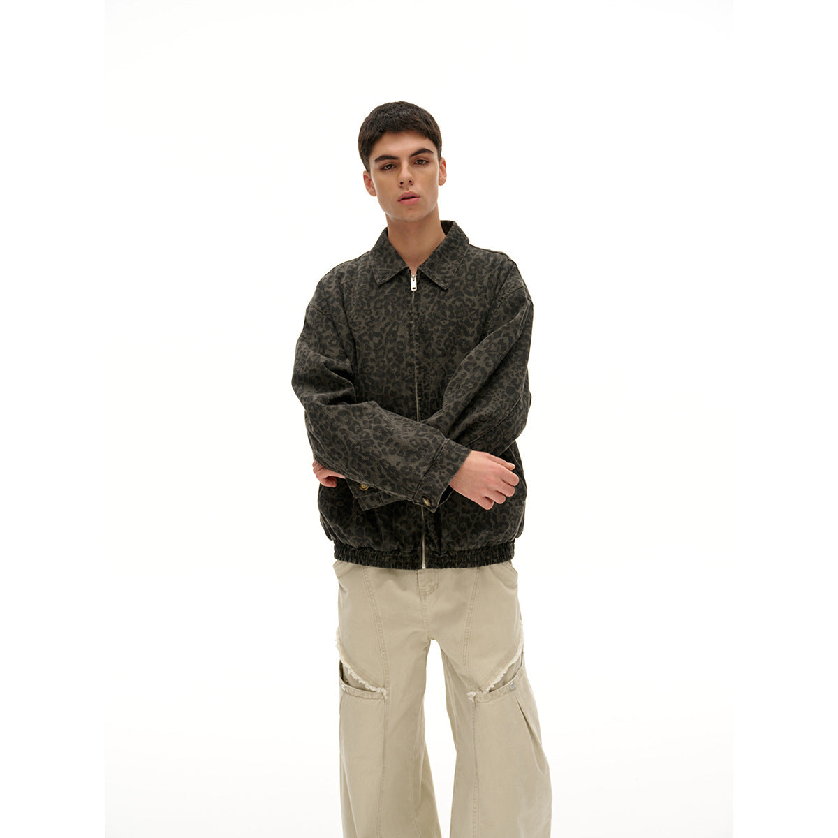 Unisex Lightly quilted Boxy jacket in denim look with tonal leopard print and elastic hem Chichicherry