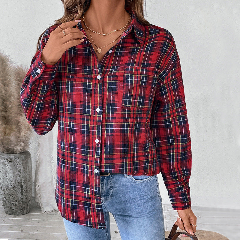Women's Oversized Check Shirt Blouse made of soft flannel with chest pocket and extended back part Chichicherry