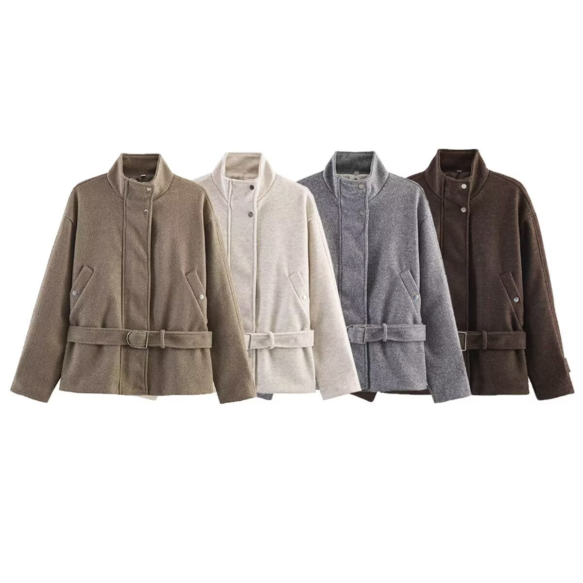 Women's short jacket made of wool blend with waistband, stand-up collar and flap pockets Chichicherry