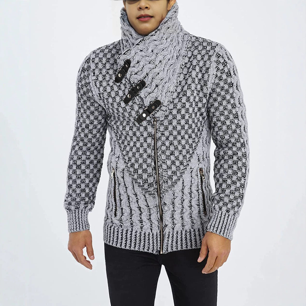 Men's chunky knit cardigan with asymmetric wrap collar and zipper Chichicherry