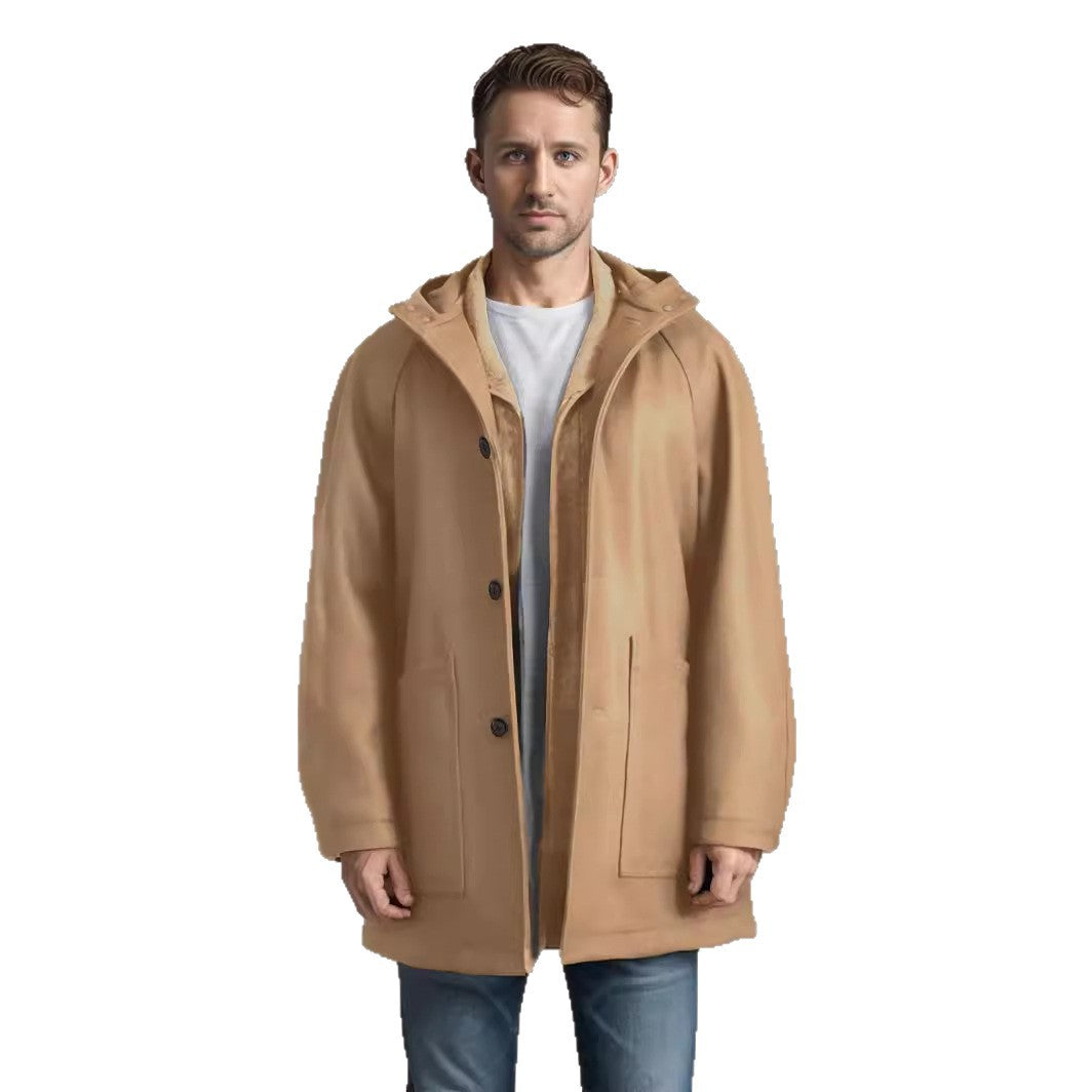 Men Tailored Wool Blend Coat with Hood and Concealed Button Placket Chichicherry