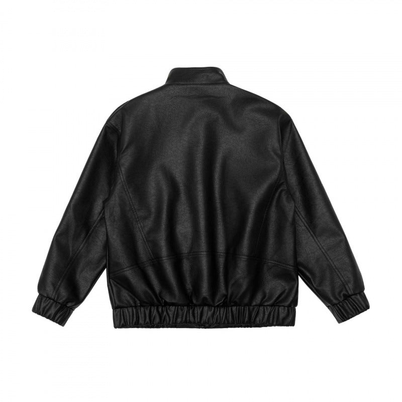 Men's Boxy Faux Leather Blouson with Stand Collar, Shoulder Epaulettes and Elastic Hem Chichicherry