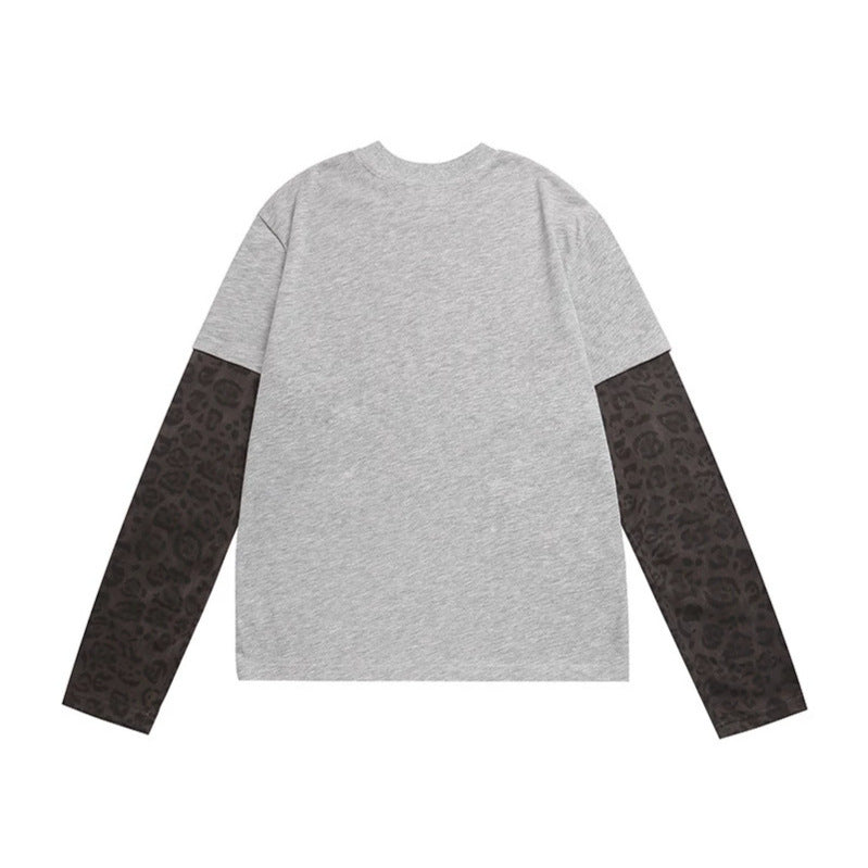 Women Layered Long Sleeve Shirt with Contrast Sleeves in Leopard Pattern and Statement Print Chichicherry
