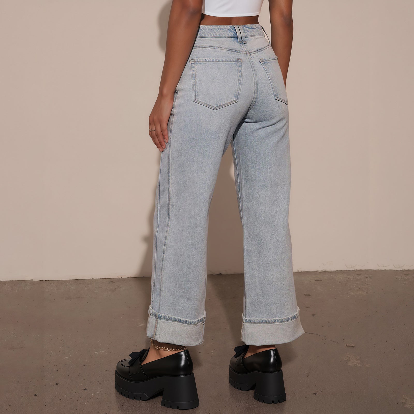 Women High-Waisted Wide Jeans with Extra Wide Cuff Chichicherry