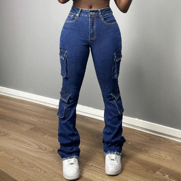 Ladies High-Waisted Cargo Jeans with Multiple Flap Pockets & Flared Hem Chichicherry