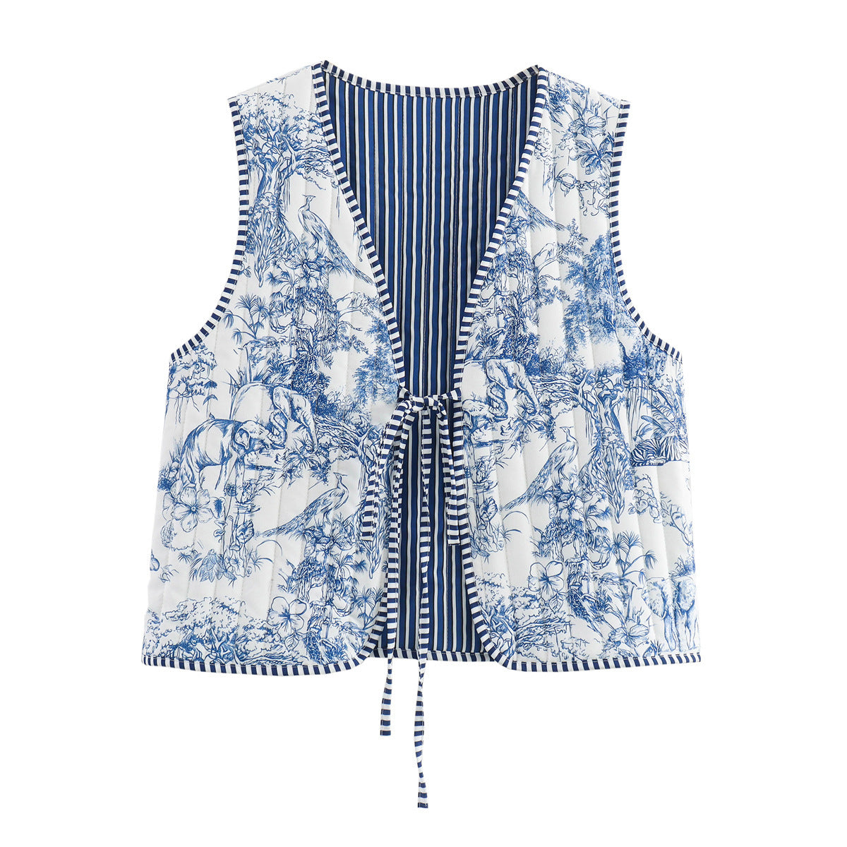 Women Patchwork Vest with Tie Band and V-Neck Chichicherry