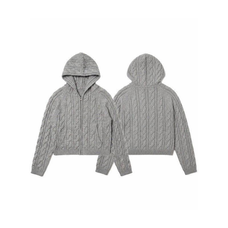 Women Hooded Braid Knit Cardigan with Zipper and Raglan Sleeves Chichicherry