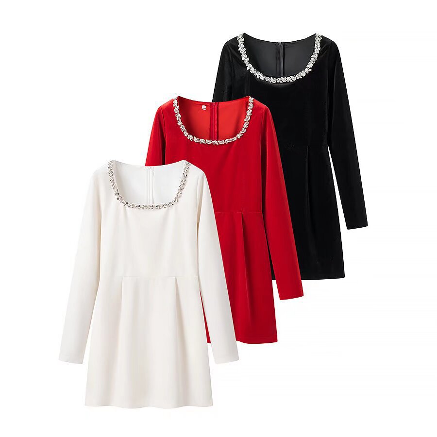 Women’s velvet dress with tailored corset, square neckline, and floral trim Chichicherry