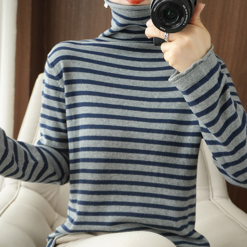 Ladies Maritime Fine Knit Turtleneck with Fine Stripe Pattern and Slim Fit Chichicherry