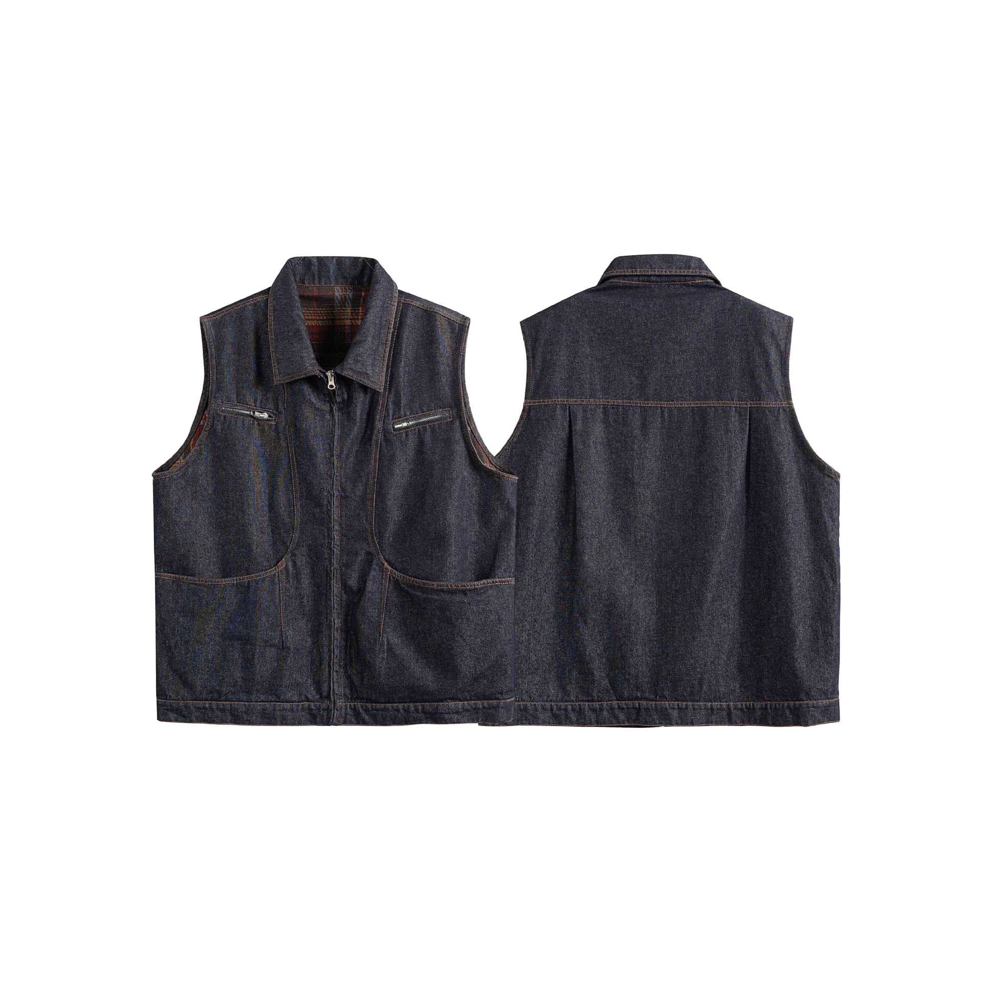 Men's denim vest with zipper, large flap pockets and check lining Chichicherry