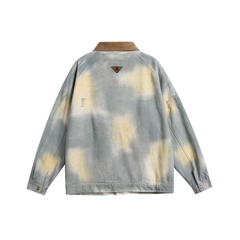 Men's Oversized Denim Jacket with Corduroy Collar and Tie-Dye Effect Chichicherry