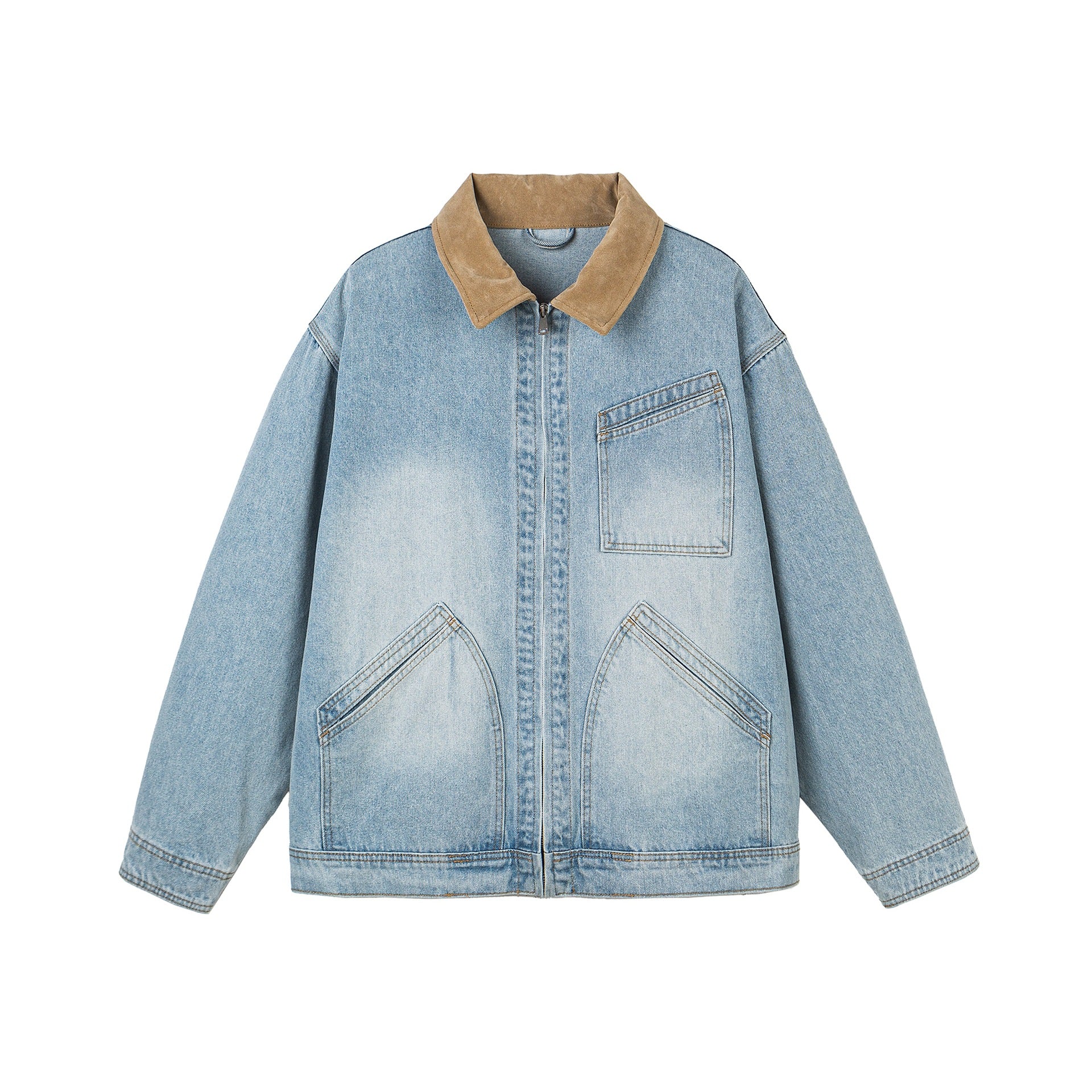 Women's Oversized Denim Jacket with Suede Collar, Concealed Zipper and Distinctive Pockets Chichicherry