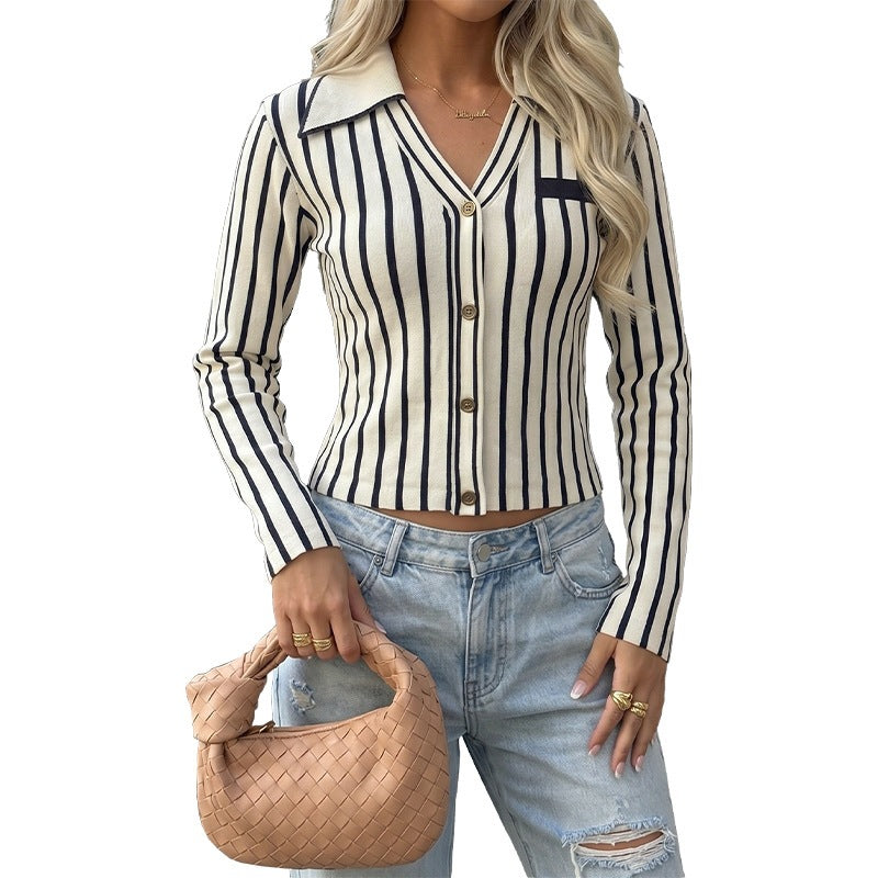 Women's fine-knit cardigan with shirt collar, button placket, and vertical stripe pattern Chichicherry