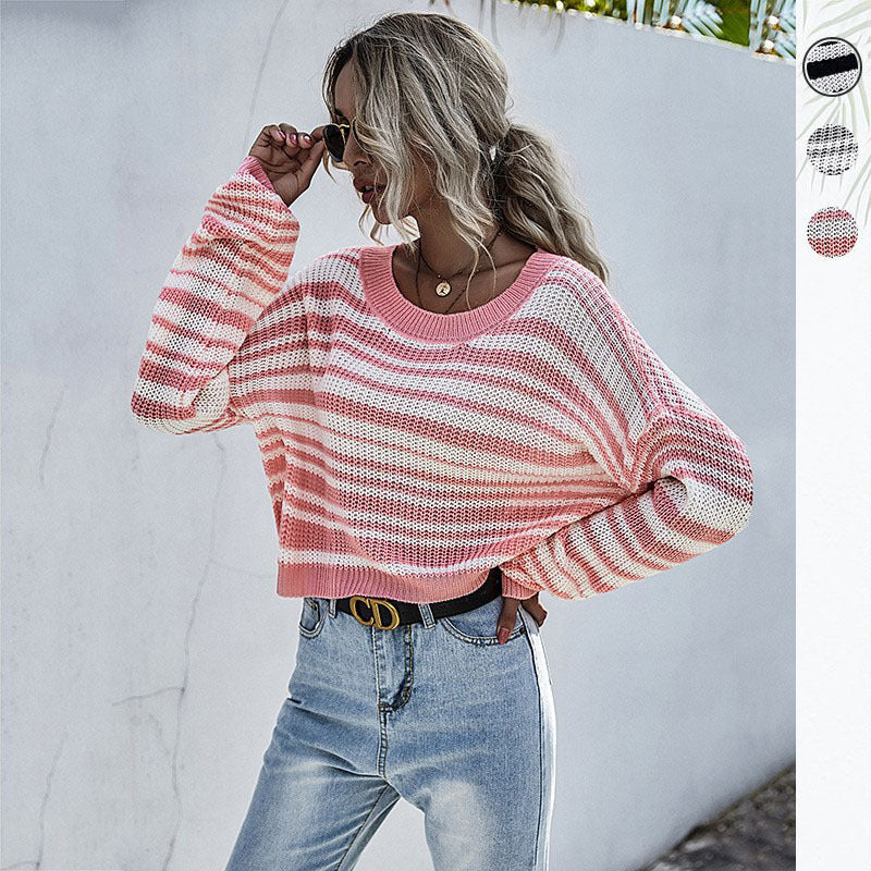Women’s oversized striped cropped knit sweater with asymmetric off-the-shoulder neckline Chichicherry