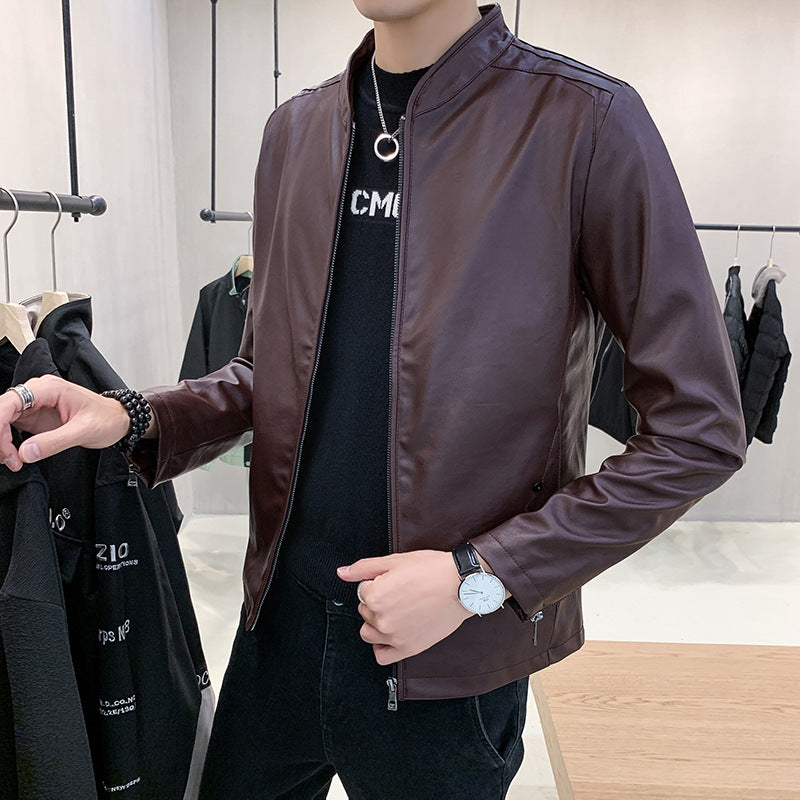 Men's Faux Leather Motorcycle Jacket with Teddy Lining and Stand-Up Collar Chichicherry
