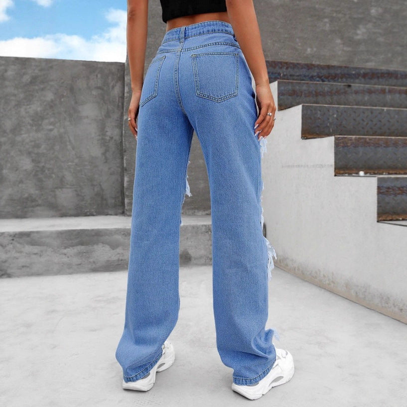 Women heavily distressed flared jeans with wide legs and ripped inserts Chichicherry
