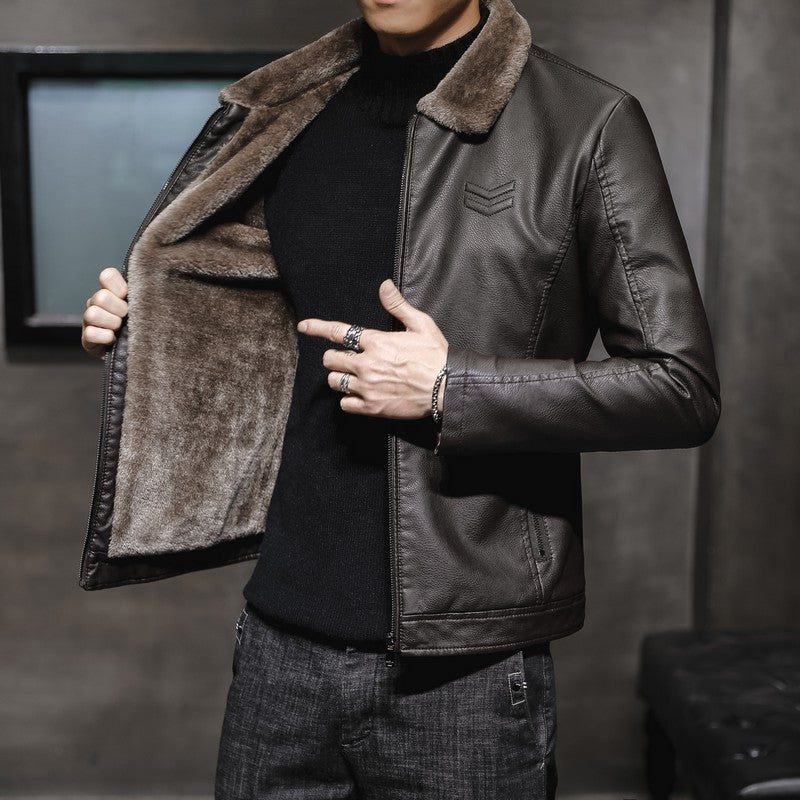 Men's Casual Leather Look Jacket with Teddy Collar, Zipper Pockets and Slim Silhouette Chichicherry