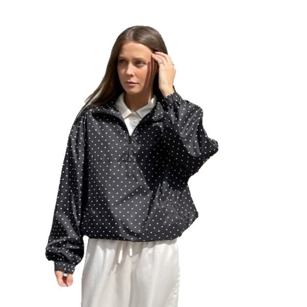Women's Lightweight Polka Dot Half-Zip Transitional Jacket with Stand-Up Collar and Drawstring Chichicherry