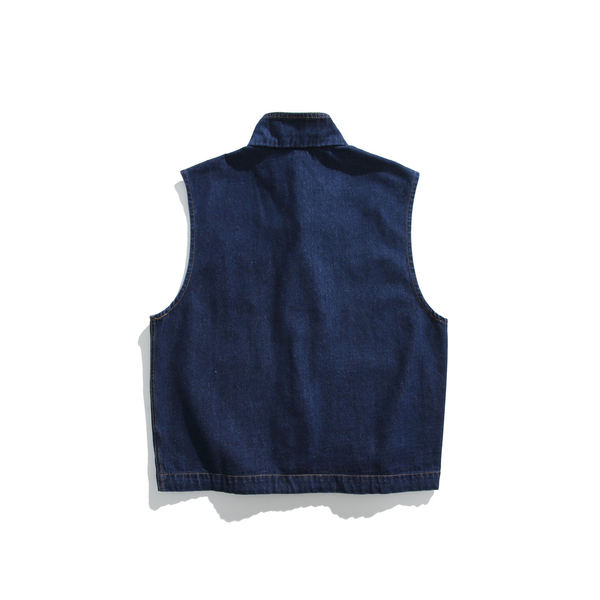 Unisex Denim Vest in Utility Style with Stand-Up Collar Chichicherry