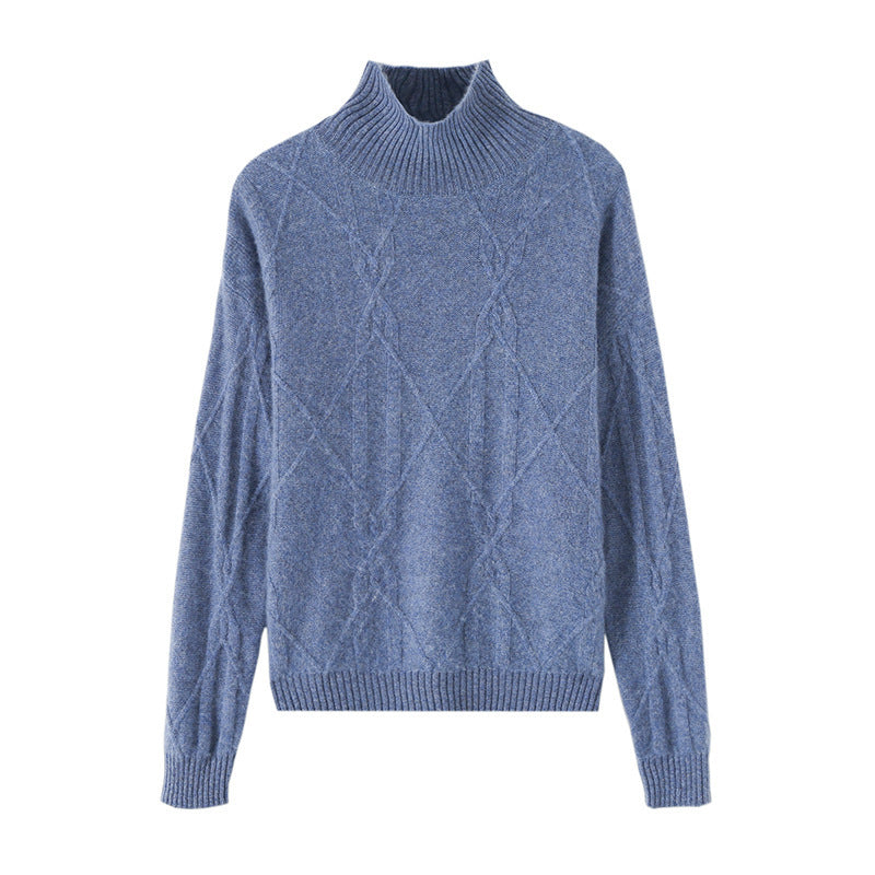 Women's Soft Mohair-Look Sweater with High Ribbed Collar, Cable Knit Pattern, and Boxy Oversized Fit Chichicherry