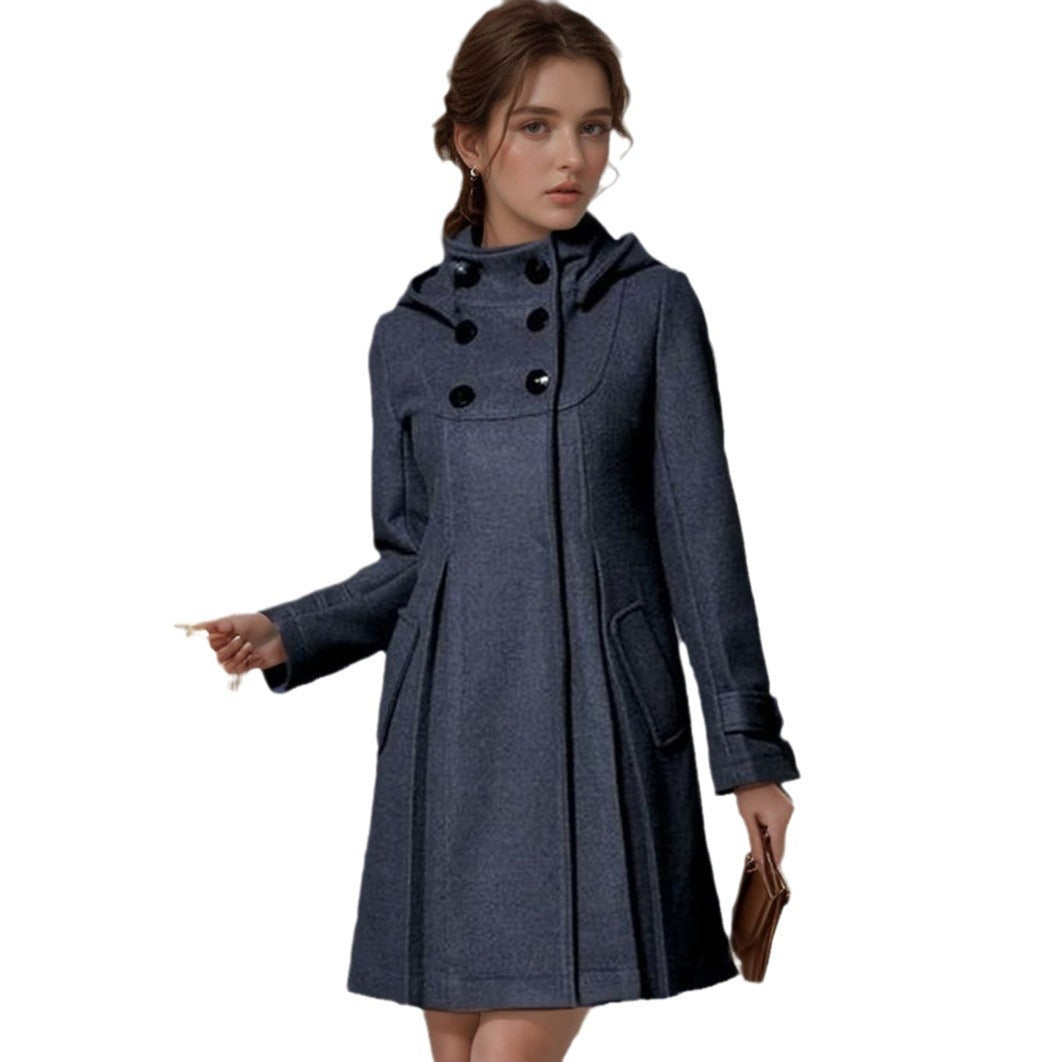 Women's A-line wool mix coat with high hood and double-button placket Chichicherry
