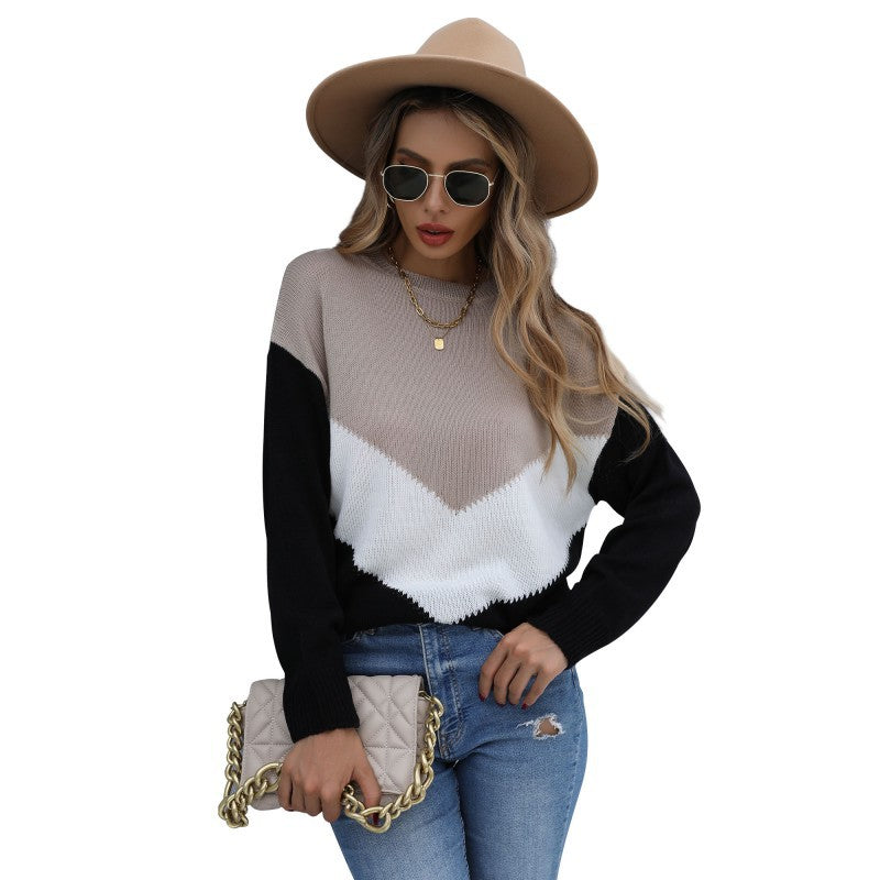 Women's Oversized Fine Knit Sweater with Chevron Color Block and Round Neck