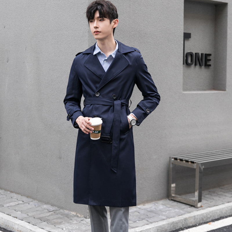 Men Water-repellent Trench Coat with Double Row, Classic Lapels and Waist Belt Chichicherry
