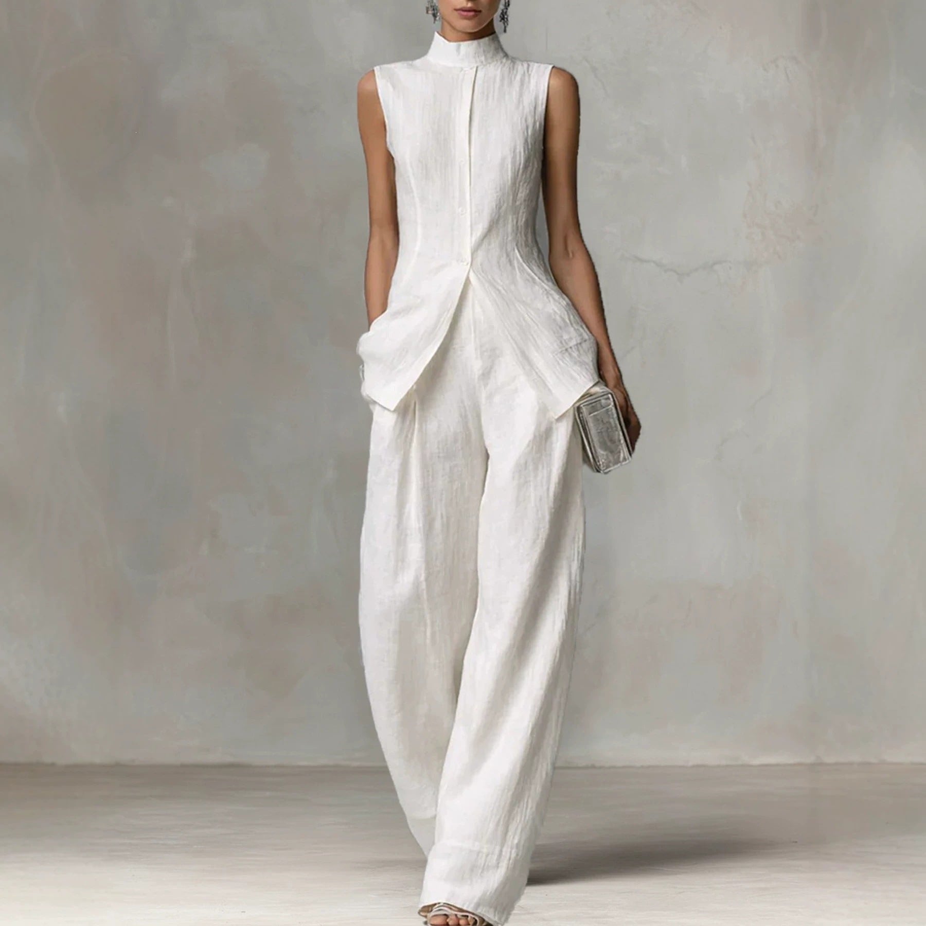 Women's Sleeveless Linen Jumpsuit with Stand Collar and Wide Leg Chichicherry