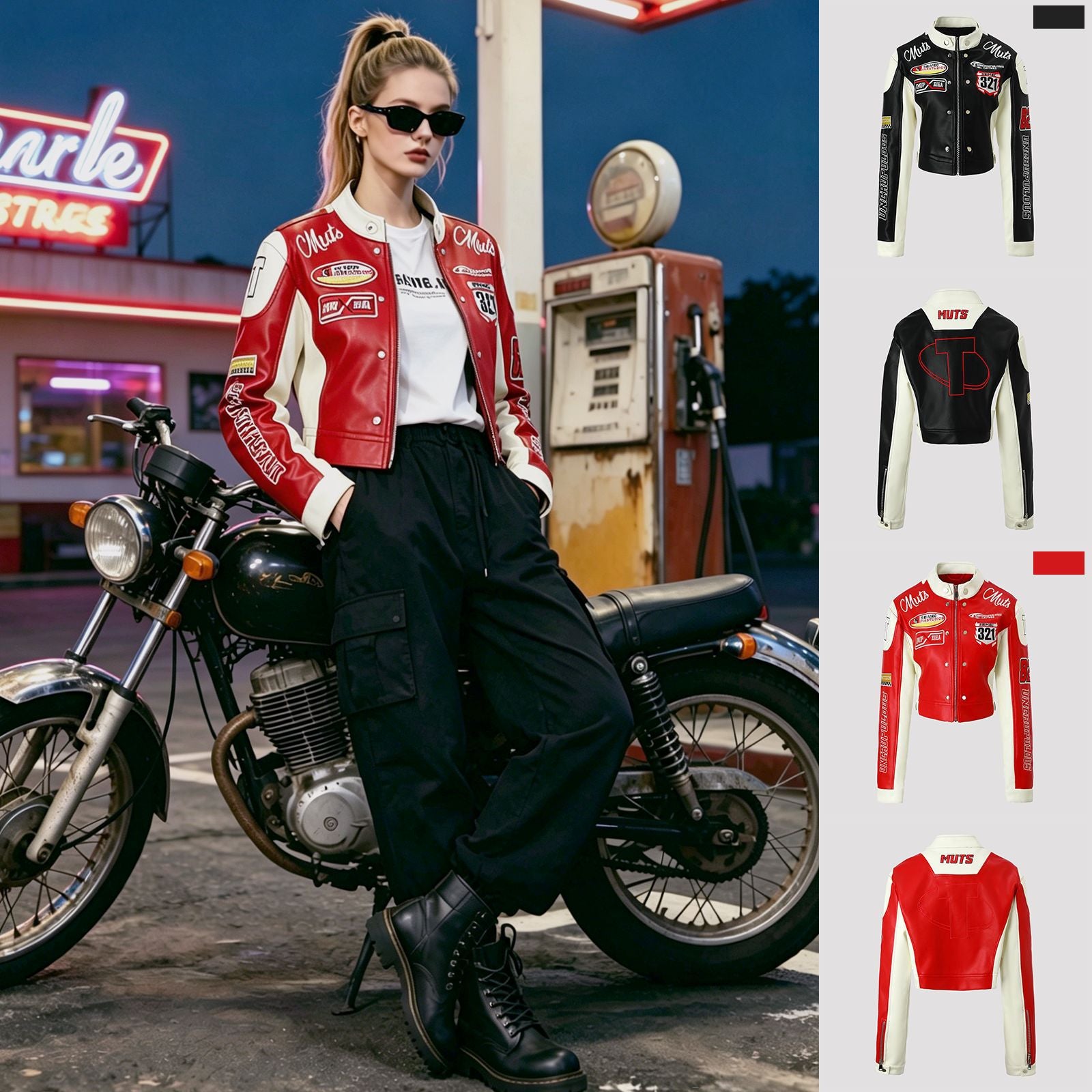 Women's Biker Jacket in Racing Look with Embroidered Patches and Contrasting Sleeves Chichicherry