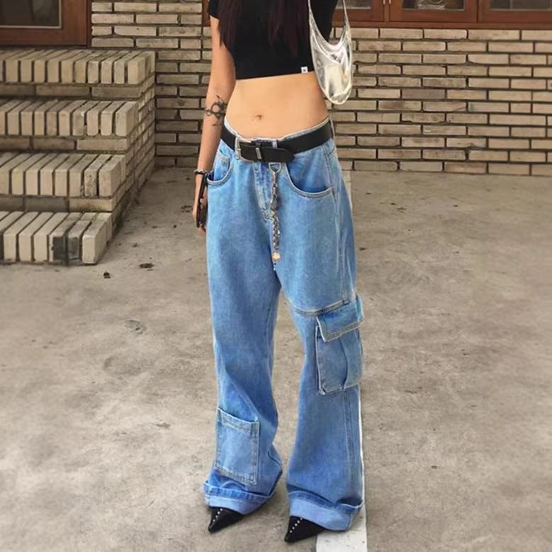Women Extra Wide Baggy Jeans with Cargo Patches and Low Waist Chichicherry