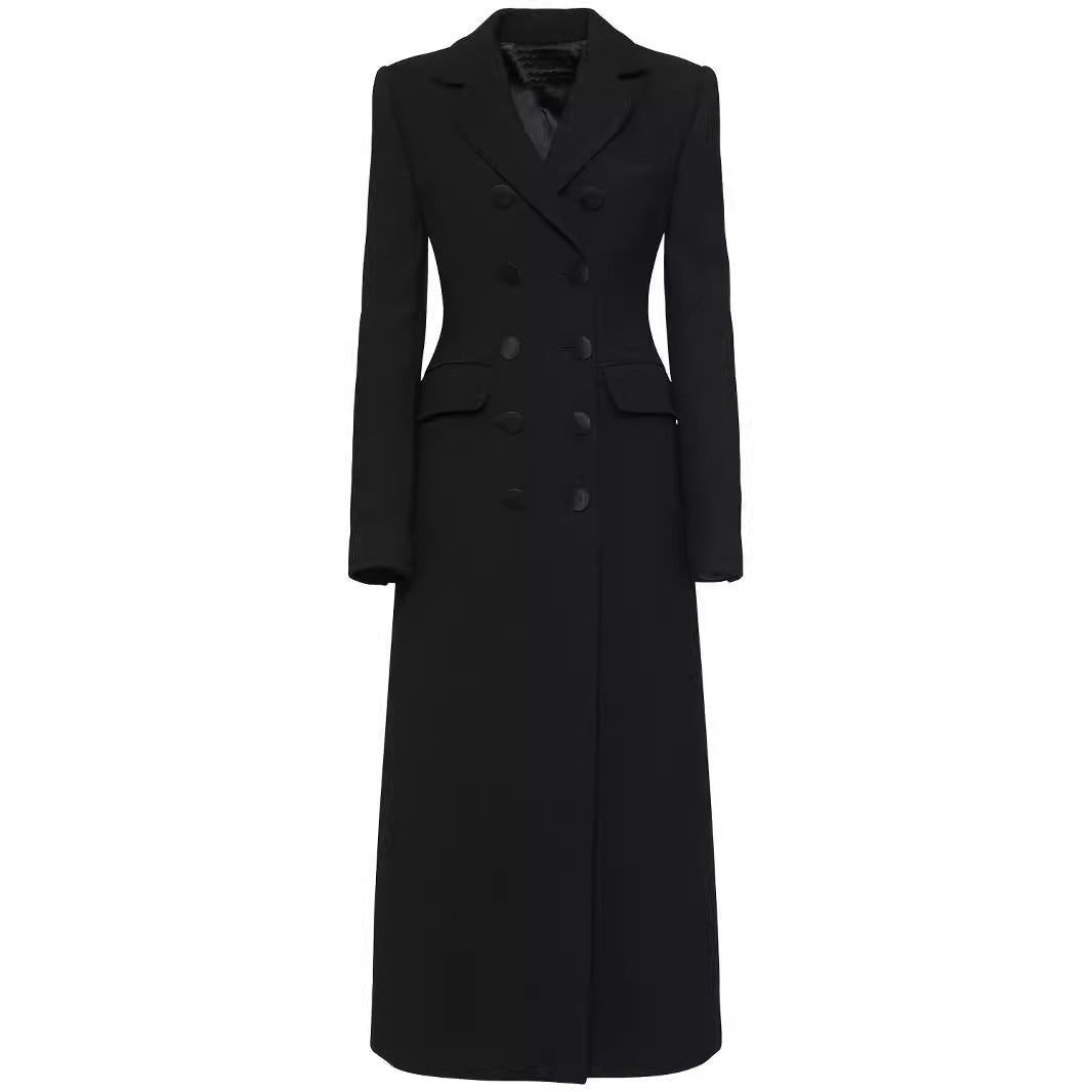 Women's Double-Breasted Tailored Blazer Dress with Maxi Length and Flap Pockets Chichicherry