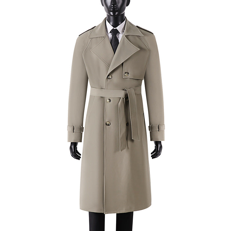 Men's Long Minimalist Trench Coat with Storm Flap, Waist Belt, and Adjustable Cuffs Chichicherry